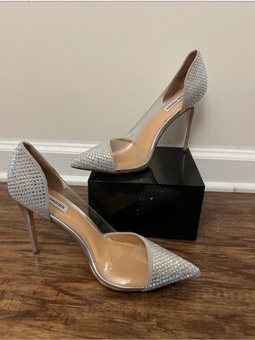 Steve Madden Silver Crystal-Embellished Pointed D'Orsay Stilettos